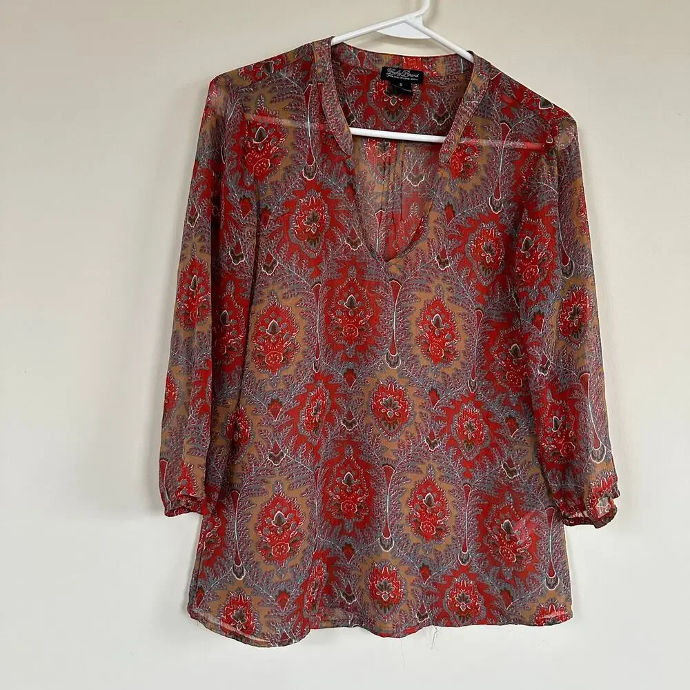 Lucky Brand V-Neck Blouse Semi Sheer Paisley Floral Red Lightweight Sz SMALL - Picture 1 of 9